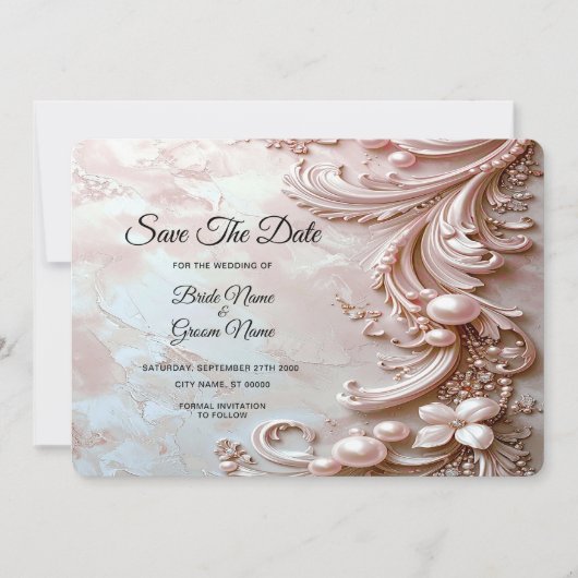 Pink Ornate Pearl and Floral Save The Date (Devant)