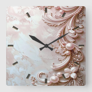Pink Ornate Pearl and Floral Wall Clock Vierkante Klok
