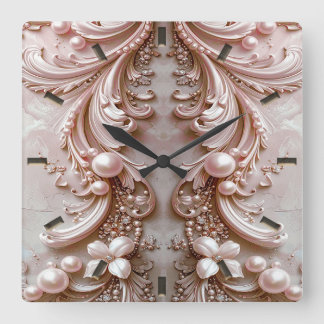 Pink Ornate Pearl and Floral Wall Clock Vierkante Klok