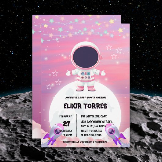 Pink Outer Space Little Explorer Baby shower Kaart