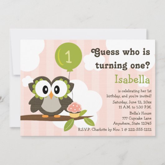 Pink Owl Birthday Party Invitations (Any Age) Kaart (Voorkant)