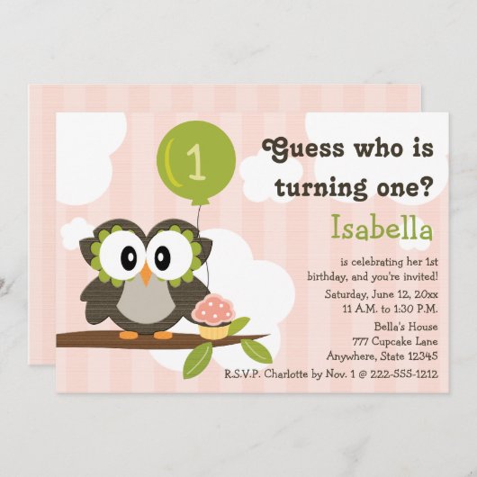 Pink Owl Birthday Party Invitations (Any Age) Kaart (Voorkant / Achterkant)