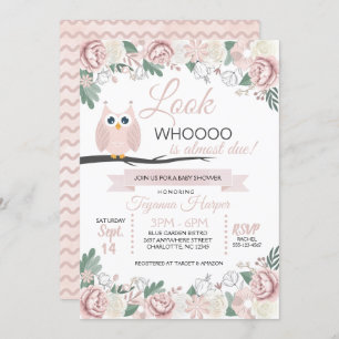 Pink Owl Floral Baby shower Invitation Kaart