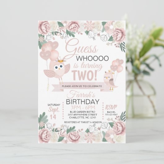 Pink Owl Floral Birthday Uitnodiging (Staand voorkant)