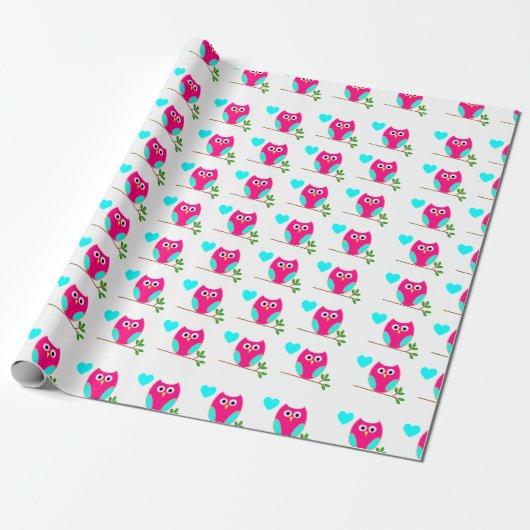 Pink Owl Pattern Wrapping Paper Cadeaupapier (Uitgerold)