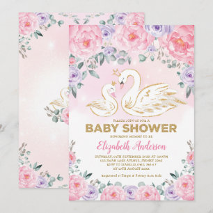 Pink Paars Floral Swan Princess Baby shower Kaart