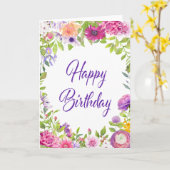 Pink Paars Summer Floral Happy Birthday Kaart (Gele Bloem)