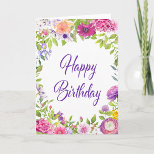 Pink Paars Summer Floral Happy Birthday Kaart