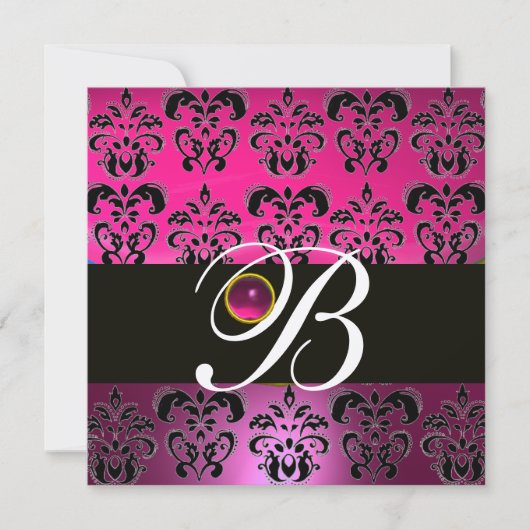 PINK PAARSE BLACK DAMASK MONOGRAM Amethyst Fuchsia Kaart (Voorkant)