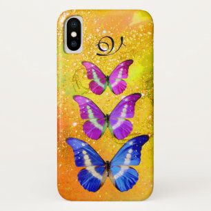 PINK PAARSE BLAUWE BUTTERFLIES IN GOUD GEEL iPhone X HOESJE