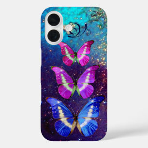 PINK PAARSE BLAUWE BUTTERFLIES IN GOUDEN SPARKLES iPhone 16 HOESJE