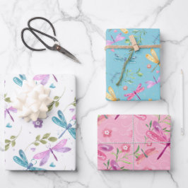 PINK PAARSE BLUE GEEL EATERCOLOR DRAGONFLIES INPAKPAPIER VEL