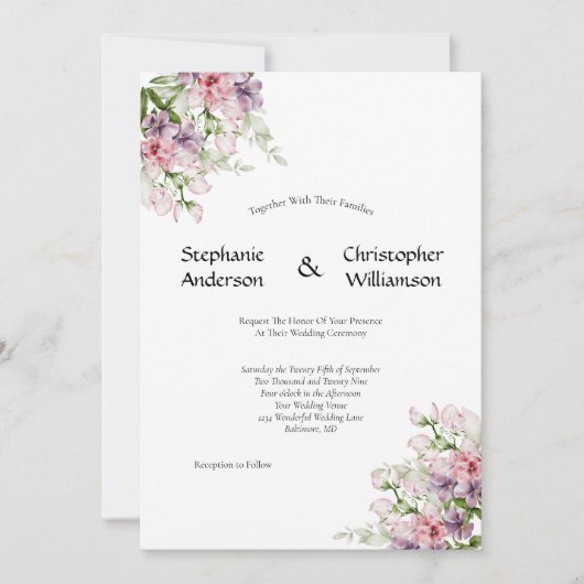 Pink Paarse Waterverf Floral Greenery Wedding Kaart (Voorkant)