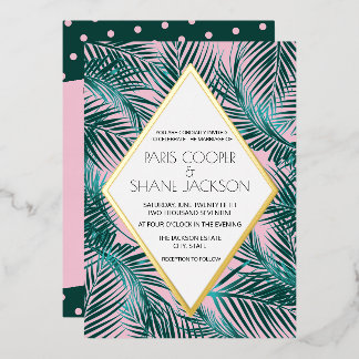 Pink Palm Deco Mariage Gold Foil Invitation