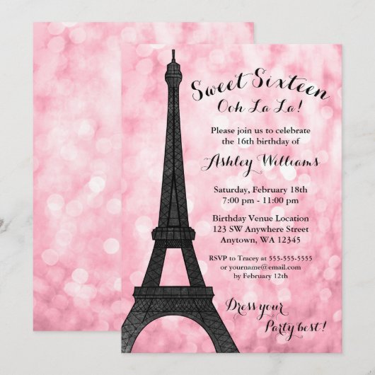 Pink Paris Bokeh Glitter Lights Sweet 16 Kaart (Voorkant / Achterkant)