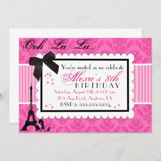Pink Paris Damask uitnodiging voor verjaardag (Voorkant / Achterkant)