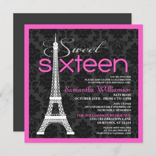 Pink Paris Sweet 16 Invitations (Devant / Derrière)