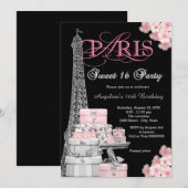 Pink Paris Sweet 16 Party Kaart (Voorkant / Achterkant)