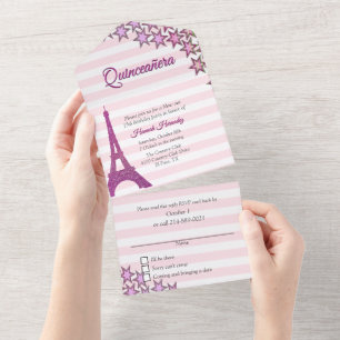 Pink Paris Theenmaal Quinceañera All In One Uitnodiging