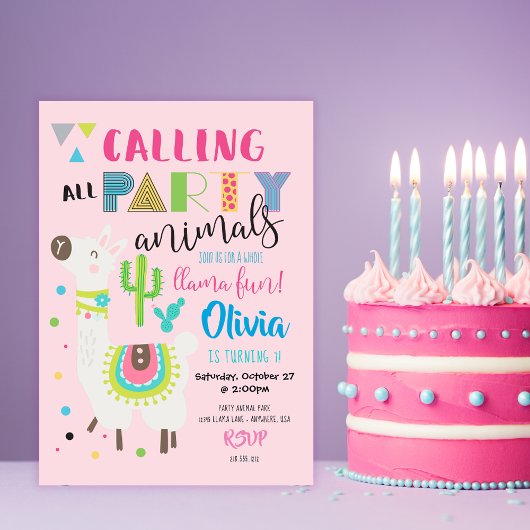 Pink Party Animal mignonne Llama Invitation Annive