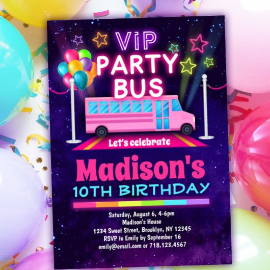 Pink Party Bus VIP Invitation d'anniversaire