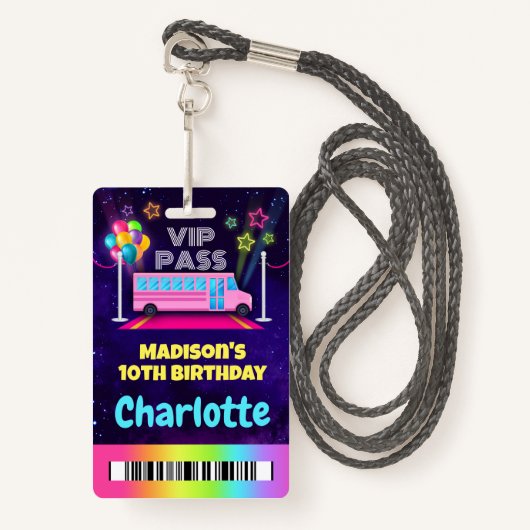 Pink Party Bus VIP Pass Lanyard Badge (Voorkant met draagriem)
