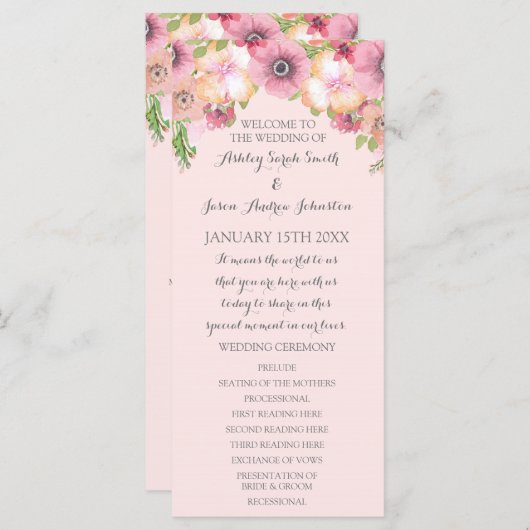 Pink Pastel Blush Floral Wedding Programme (Devant / Derrière)