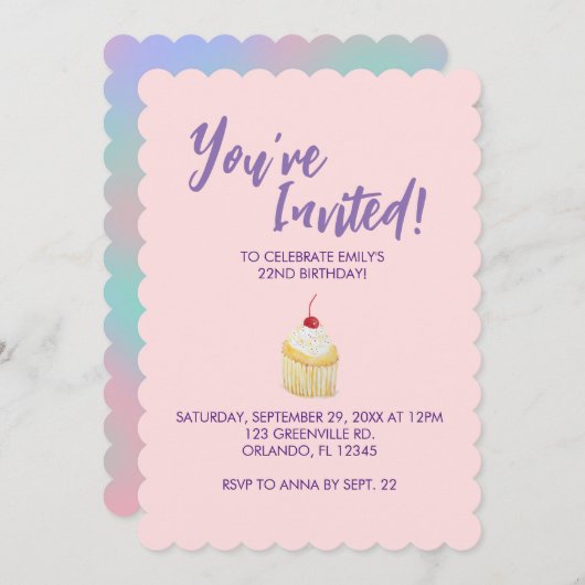 Pink Pastel Cupcake Invitation d'anniversaire (Devant / Derrière)