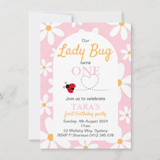 Pink Pastel Daisy Lady Bug Anniversaire Invitation