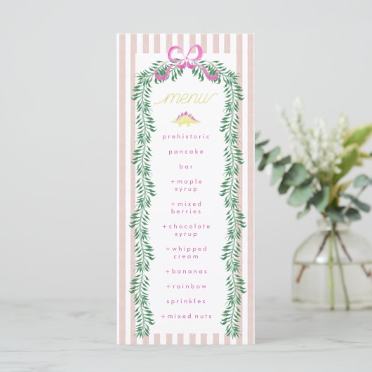 Pink Pastel Dinosaur Menu fête d'anniversaire (Debout devant)