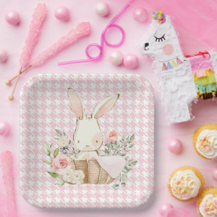 Pink Pastel Houndstooth Bunny Rabbit Papieren Bordje