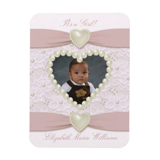Pink Pastel Lace Pearl Baby Photo Magnet (Vertical)