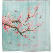 Pink Pastel Spring Bird Cherry Blossom Douchegordijn (Voorkant)