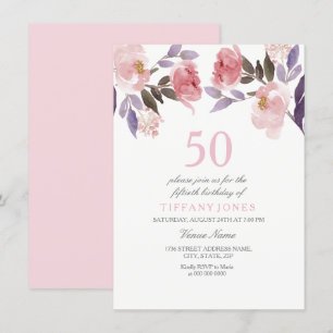 Pink Peach Floral Waterverf 50th Birthday Invite Kaart