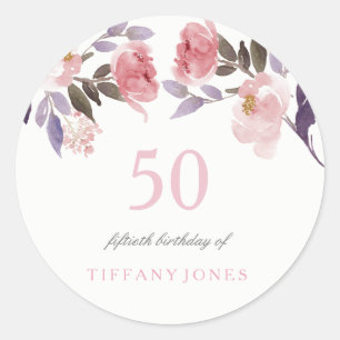 Pink Peach Floral Waterverf 50th Birthday Ronde Sticker