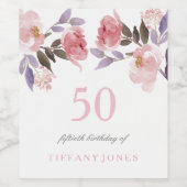 Pink Peach Floral Waterverf 50th Birthday Wijn Etiket (Enkel label)