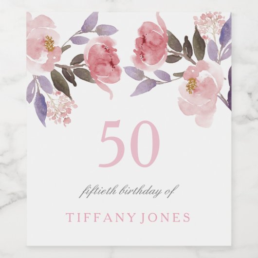 Pink Peach Floral Waterverf 50th Birthday Wijn Etiket (Enkel label)