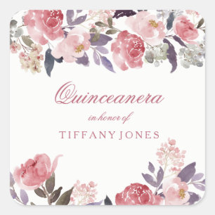Pink Peach Floral Waterverf Quinceanera Party Vierkante Sticker