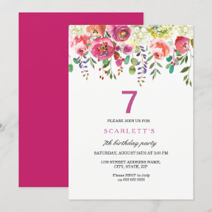 Pink Peach Flowers 7th Birthday Party Invitation Kaart