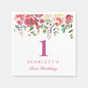 Pink Peach Flowers Girl 1st Birthday Party Napkin Servetten