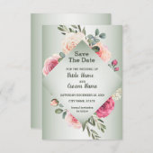 Pink Peach Roses Rustic Green Geometric Save The Date (Voorkant / Achterkant)