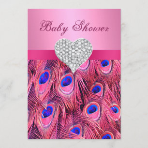 Pink Peacock Diamond Heart Baby shower Uitnodiging