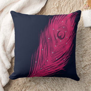 Pink Peacock Feather Navy bijna zwart Kussen