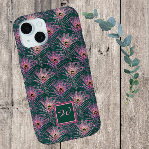 Pink Peacock Feathers en Monogram op Deep Green