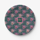 Pink Peacock Feathers en Monogram op Deep Green Papieren Bordje (Voorkant)