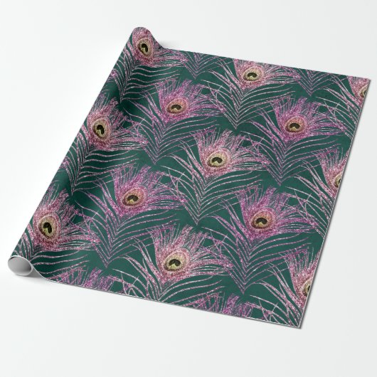 Pink Peacock Feathers on Green Cadeaupapier (Uitgerold)