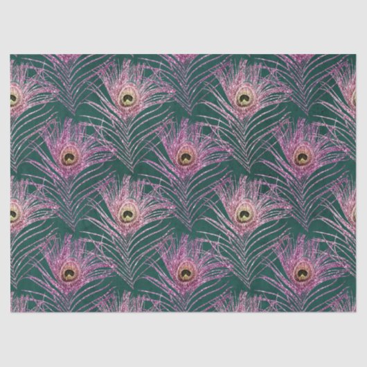 Pink Peacock Feathers op Green Decoupage Tissuepapier (Voorkant)