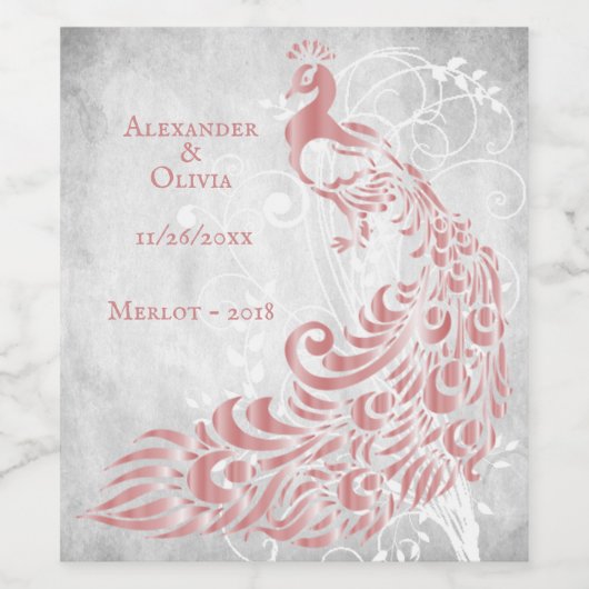 Pink Peacock Leaf Vine Mariage Vin Étiquette (Étiquettes simples)