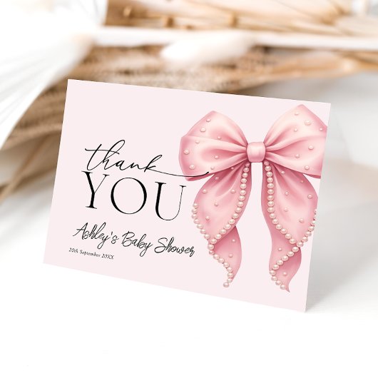 Pink Pearl Bow Baby Shower Thank You Card Bedankkaart