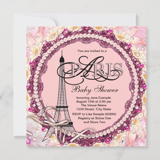 Pink Pearls Pink Paris Baby shower Kaart (Voorkant)